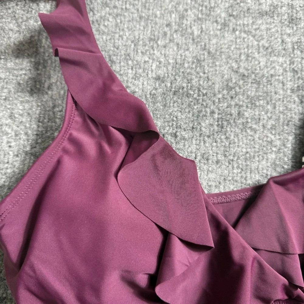 Plum Purple Ruffle One Piece Swimsuit Ruched Tummy‎ Control V-Neck Bathing Suit